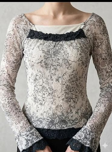 levis košulje muške: Ženska čipkana bluza dugih rukava sa floralnim dezenom u sivo-belim — 1