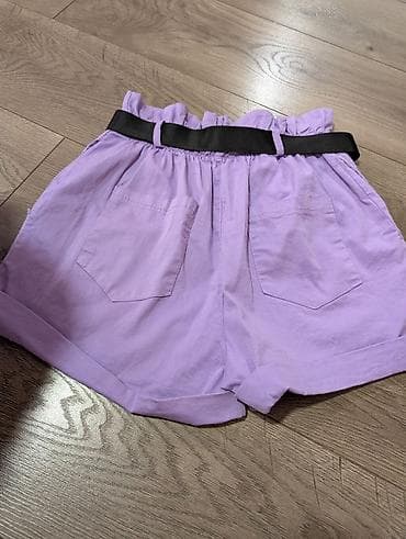 koferi za devojcice: Ljubičaste ženske šorts-pantalone sa visokim strukom i paper-bag — 2