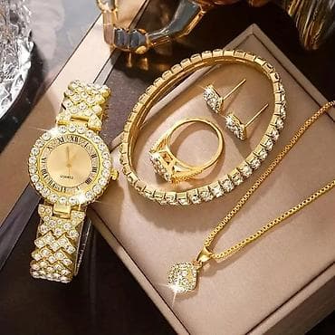 swatch ženski satovi: Luksuzni ženski set nakita i sata – zlatna boja, kristalni sjaj — 2