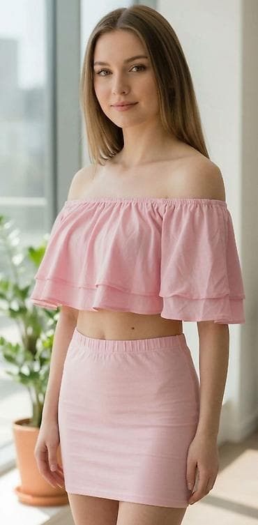 ideal pantalone: Dve-delni komplet – top i suknja, pastelno roze boje. - Top: kratki — 1