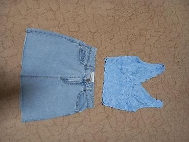 dzempercici jedan e za e: Komplet – teksas mini suknja + čipkani crop top, svetloplave boje. - — 1