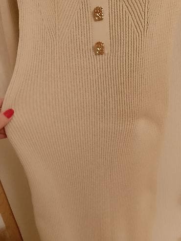 Ženska obuća: Rebrasta pletena haljina, bež/boja peska. - Kroj: uska, midi dužina — 6