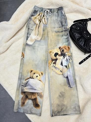 Pantalone: Pantalone siroke sa printom plišanih meda,ravne siroke nogavice,visok — 6