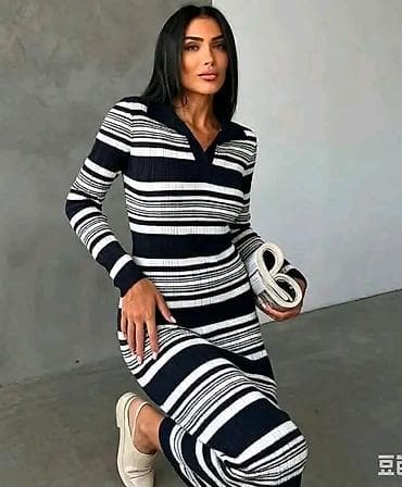 rebraste zvoncare: Rebrasto pletena ženska haljina sa prugama - Model: uska rebrasta — 5