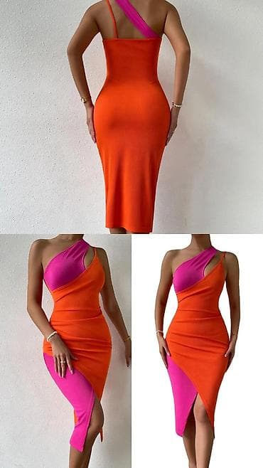 gleznjace na stiklu: Asimetrična midi haljina – narandžasto/roze color-block - Kroj — 1
