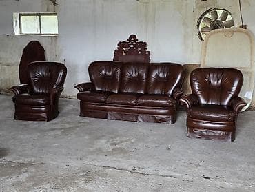 krevet trosed: Trosed + dve fotelje – komplet garnitura od prirodne kože - — 7