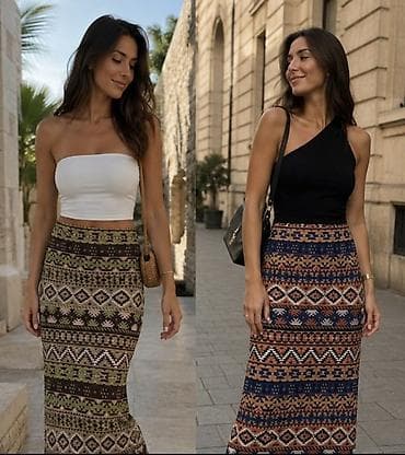 amisu suknja dubok struk: Suknja midi duzina do pola lista sa etno/boho uzorkom. - Dubok struk — 1