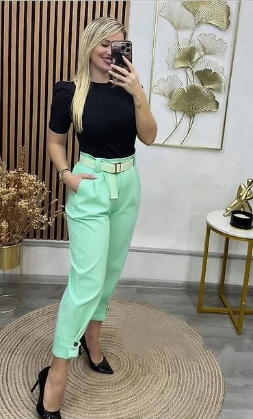 m10 pantalone: ✅Elegantne ženske pantalone sa kaišem - Model: visok struk, blago — 2