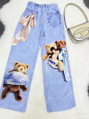 Pantalone: Pantalone siroke sa printom plišanih meda,ravne siroke nogavice,visok — 5