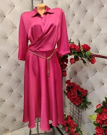 Dresses: Satenasta midi haljina sa preklopom i zlatnim lancem - Elegantna — 4