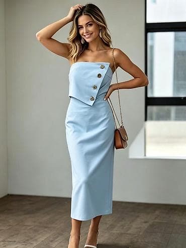 chanel c: Elegantna midi haljina sa asimetričnim gornjim delom i dekorativnim — 2