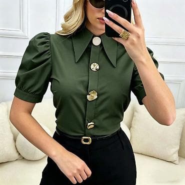 bluze bez rukava: Ženska košulja sa kratkim rukavima i naglašenim širokim kragnom. Model — 2