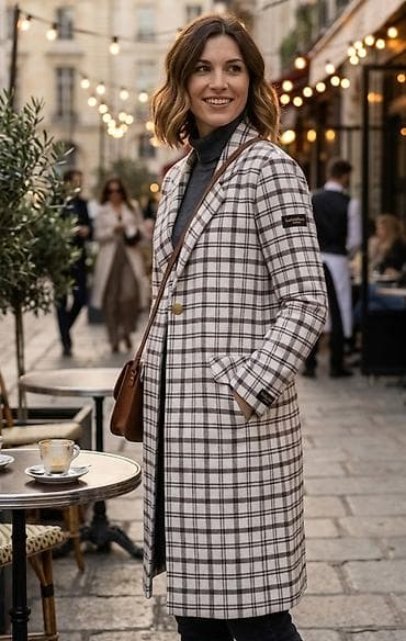 za kosu: Ženski kaput sa kariranim uzorkom - Dugi, ravni kroj do kolena sa — 1