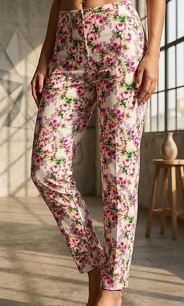 Ženske pantalone sa cvetnim printom - Model: ravne nogavice sa blagim