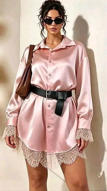 boho stil haljine: Saten košulja/tunija sa čipkom. - Model: duga oversized — 1