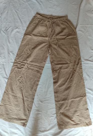 kargo farmerke: Ženske široke lanene pantalone bež boja. - Materijal lan. - Kroj — 3