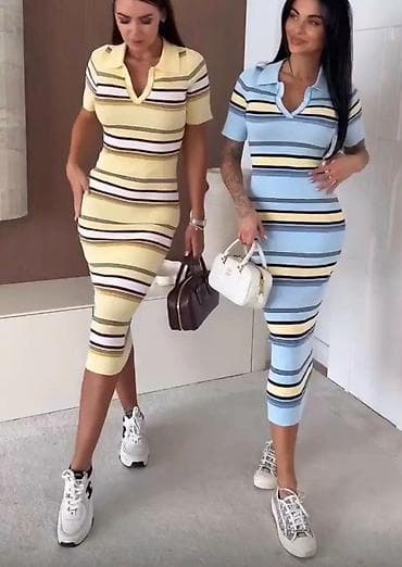 sorc ispod koljena: Ribana midi haljina sa prugama i kragnom - Kroj: pripijena silueta — 6