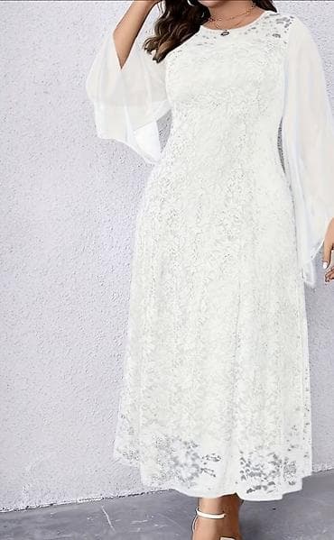 mona svecane haljine: Elegantna bela čipkana haljina – midi/dužina do članaka - Boja: bela — 2