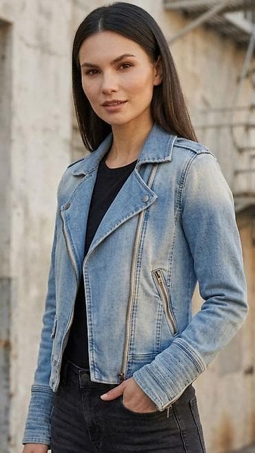 teksas haljina zara: Ženska teksas jakna – svetlo ispran denim, biker kroj - Materijal — 1