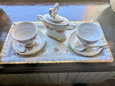 Kotlići: Stari porcelanski set za kafu: - Dve šoljice - Dve kašičice - Posuda — 1