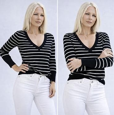 Kape i aksesoari: Prugasti ženski džemper s V-izrezom - Klasičan crno-beli dzemper sa — 2