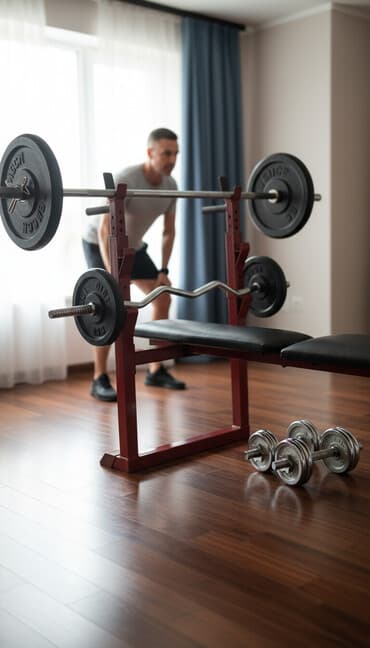 Art & Collectibles: Višenamenska klupa za vežbanje sa stalkom za šipku i setom tegova. - — 1