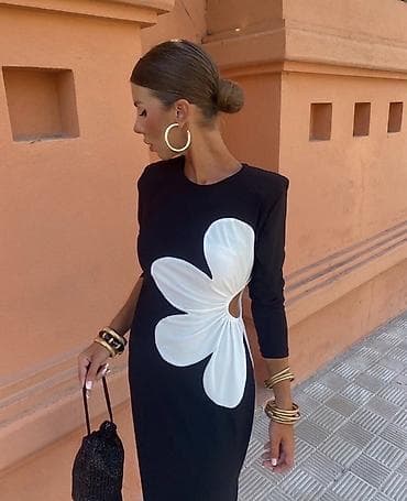 haljine boho stil: Ženska midi haljina s dugim rukavima i efektnim cvetnim aplikacijama — 6