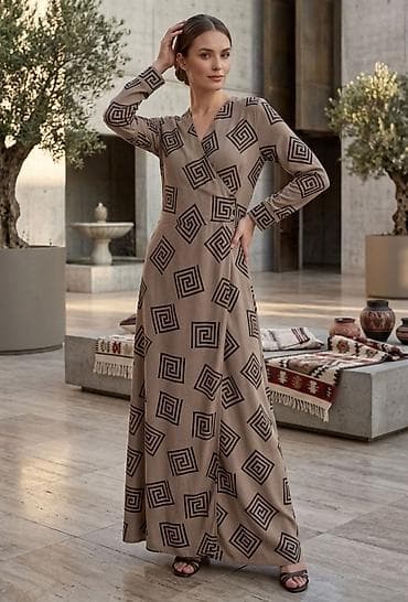 Elegantna duga haljina s geometrijskim printom - Kroj: duga maxi