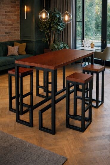 Sets of table and chairs: Industrijski bar sto sa tri barske stolice – masivno drvo i čelik - — 7