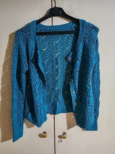 Pletena ženska kardigan jaknica – tirkizna - Otvoreni kardigan sa