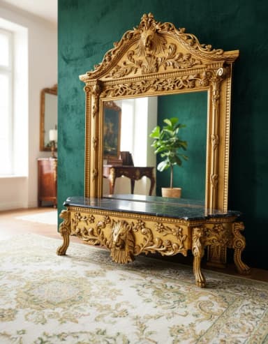 Ukrasno ogledalo sa postoljem, bogato ukrašeno detaljnim rezbarijama u