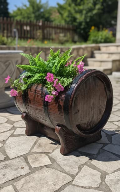 Dekorativna žardinijera u obliku drvene bačve. - Materijal: veštački