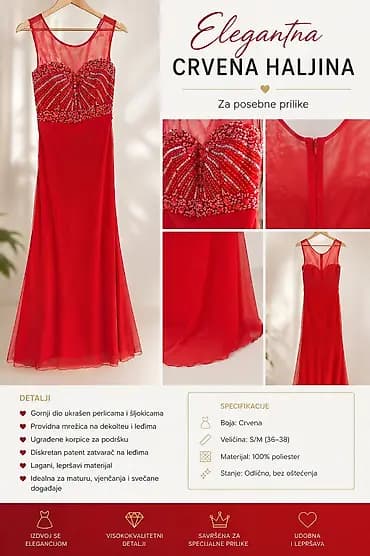 Elegantna crvena haljina – za posebne prilike Opis: - Gornji deo