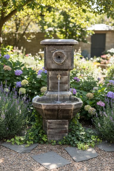 Dekorativna baštenska česma od veštačkog kamena/betona, u rustičnom