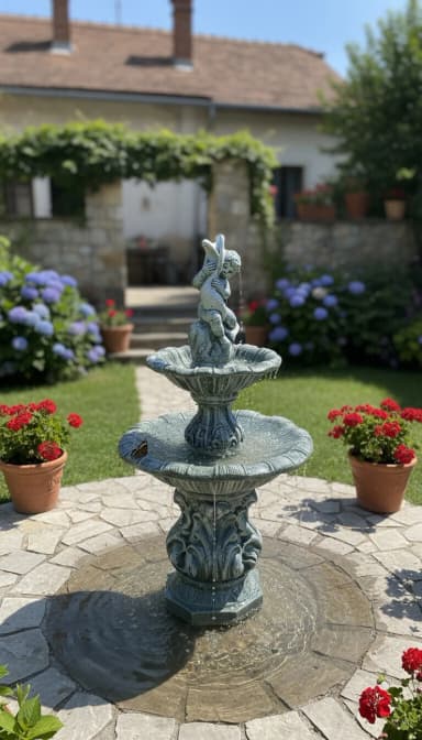 Dekorativna baštenska fontana – dvonivona sa skulpturom anđela -