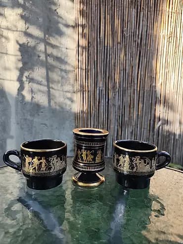 Set grčkih suvenira od crnog porcelana s pozlatom – 3 dela - 2