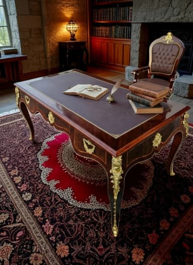 Elegantan radni sto sa kožnom podlogom i bogatim detaljima