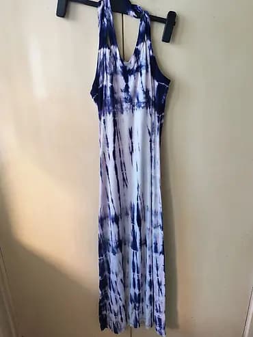Duga letnja haljina bez rukava, tie-dye dezen u nijansama tamnoplave i