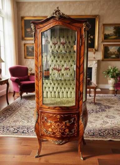 Vitrina u stilu Luja XV, u intarziji sa dve staklene police i dve