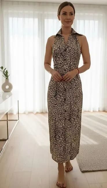 Zara leopard midi haljina na kopčanje - Dizajn: uska silueta, midi