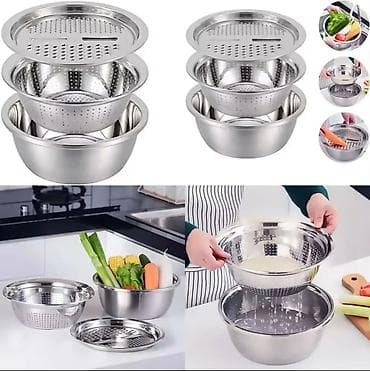 Set od inox posuda 3 u 1 – činija, cediljka i poklopac/rende - na lalafo.rs — 2 Set od inox posuda 3 u 1 – činija, cediljka i poklopac/rende - — 2