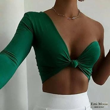 Asimetrični ženski crop top sa čvorom - Dizajn: jedan dugi rukav + na lalafo.rs — 6 Asimetrični ženski crop top sa čvorom - Dizajn: jedan dugi rukav + — 6