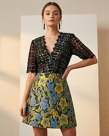 Haljina sa čipkom i jacquard suknjom - Gornji deo: crna čipka sa na lalafo.rs Haljina sa čipkom i jacquard suknjom - Gornji deo: crna čipka sa