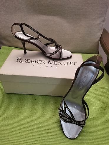 Sandale broj 36, braon, platno i cirkoni, štikla 8 cm, jednom nošene na lalafo.rs — 2 Sandale broj 36, braon, platno i cirkoni, štikla 8 cm, jednom nošene — 2