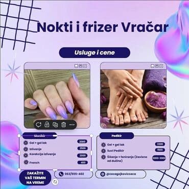Nokti i frizer Vračar – Usluge i cene Manikir - Gel + gel lak: 2000 - na lalafo.rs Nokti i frizer Vračar – Usluge i cene Manikir - Gel + gel lak: 2000 -