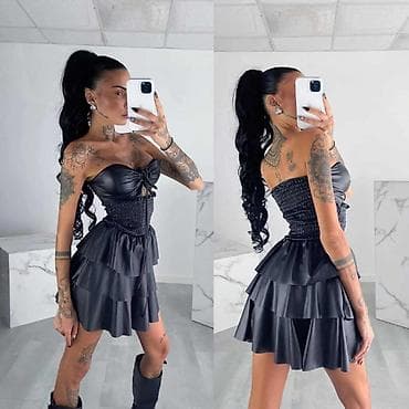 Crna mini haljina bez bretela od materijala sa sjajnim kožnim efektom na lalafo.rs — 4 Crna mini haljina bez bretela od materijala sa sjajnim kožnim efektom — 4