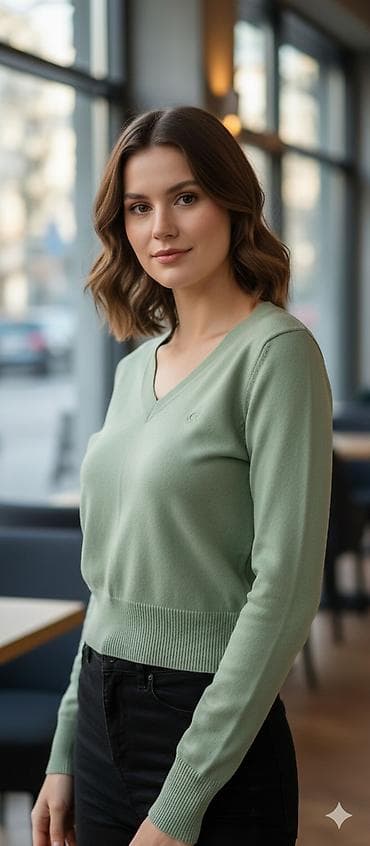 Ženski džemper sa V-izrezom – pastelno zelena boja - Klasičan at lalafo.rs — 1 Ženski džemper sa V-izrezom – pastelno zelena boja - Klasičan — 1