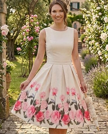 Elegantna ženska haljina do kolena sa cvetnim printom ruža. Gornji deo na lalafo.rs Elegantna ženska haljina do kolena sa cvetnim printom ruža. Gornji deo
