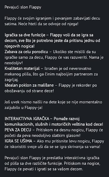 Pevajući plišani slon Flappy – interaktivna igračka - Funkcije: dva na lalafo.rs — 5 Pevajući plišani slon Flappy – interaktivna igračka - Funkcije: dva — 5