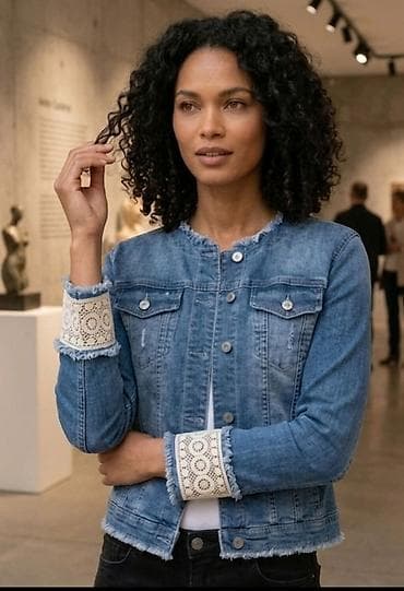Ženska teksas jakna sa čipkanim manžetnama - Klasična plava denim na lalafo.rs Ženska teksas jakna sa čipkanim manžetnama - Klasična plava denim
